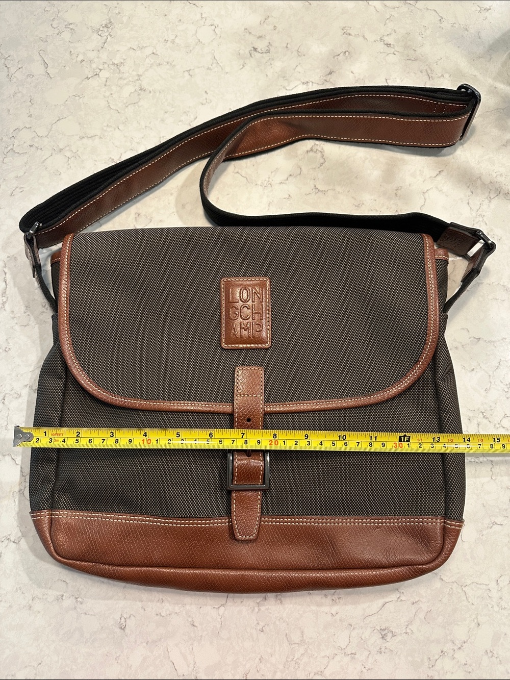 Longchamp Olive/Black Canvas and Tan Leather Messenger Bag with Leather Trim